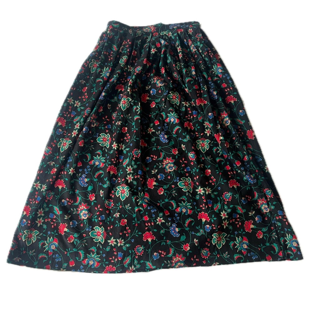 Vintage Floral Cotton Midi Skirt Black Pleated Sz 10 Western Prarie Boho Whimsy